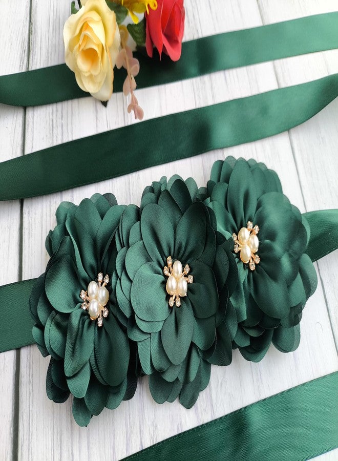 Oyabridal Flower Girl Sash Belt for Dresses Bride/Bridesmaid Sash Belts Flower Pearls Sashes for Wedding Dress (Hunter Green) - Image 3